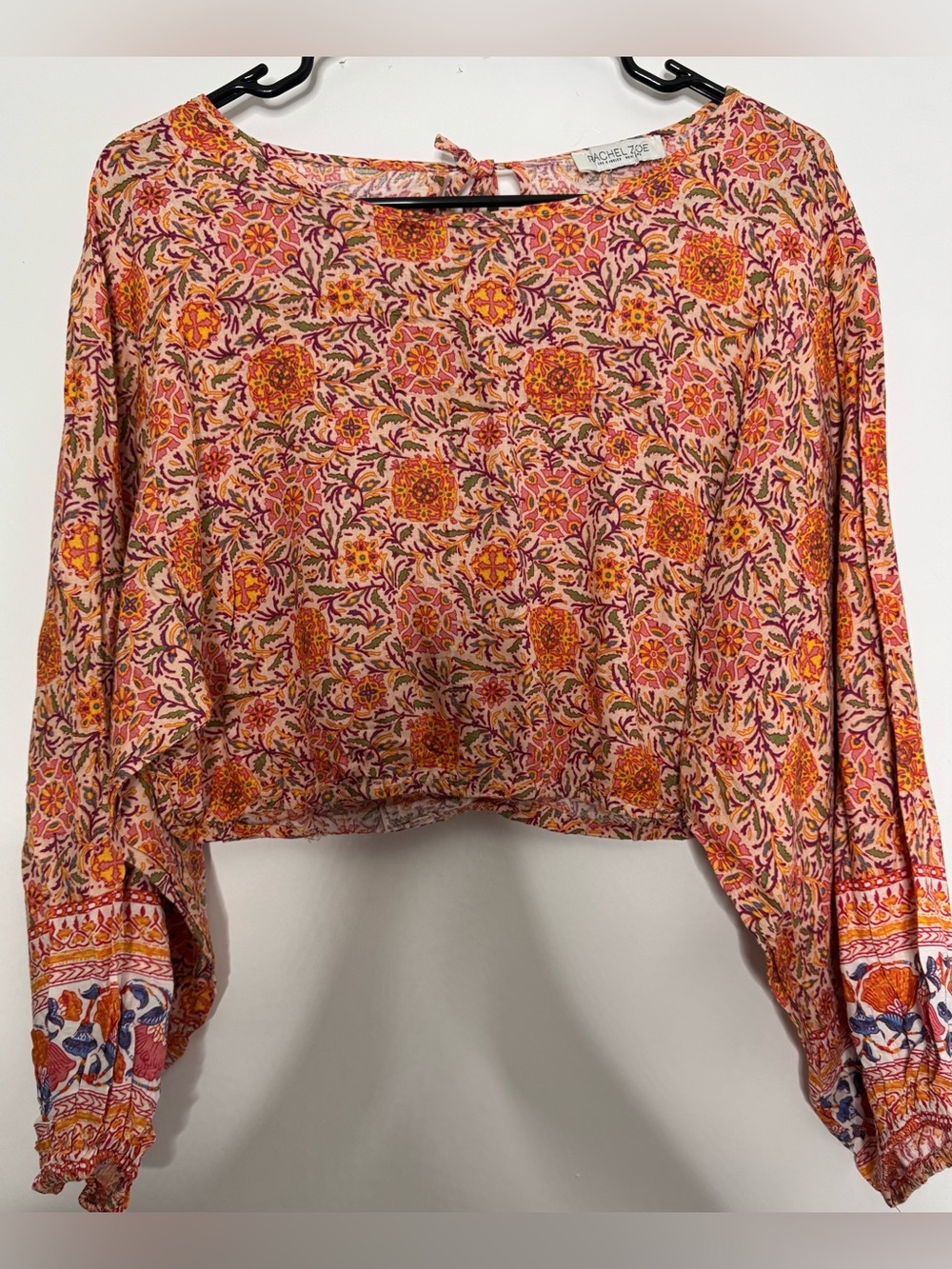 Rachel Zoe Pink Orange Floral Crop Top long sleeve fall small oversized boxy